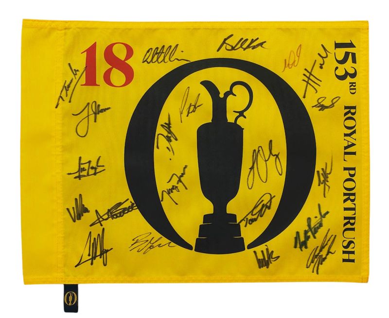 Open Championship 2025 Royal Portrush pin flag signed by 21 golfers.