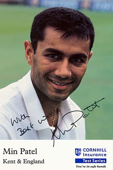 Min Patel, Kent & England, signed 6x4 inch promo card.