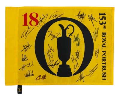 Open Championship 2025 Royal Portrush pin flag signed by 20 golfers.