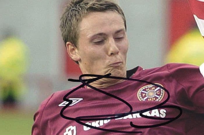 Eggert Jonsson, Hearts & Iceland, signed 6x4 inch photo.(2)