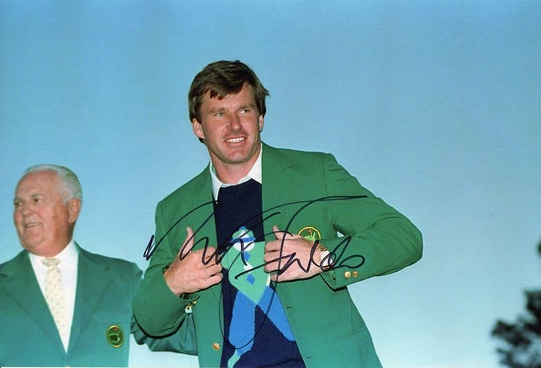 Nick Faldo, Masters 1990 Augusta, signed 12x8 inch photo.