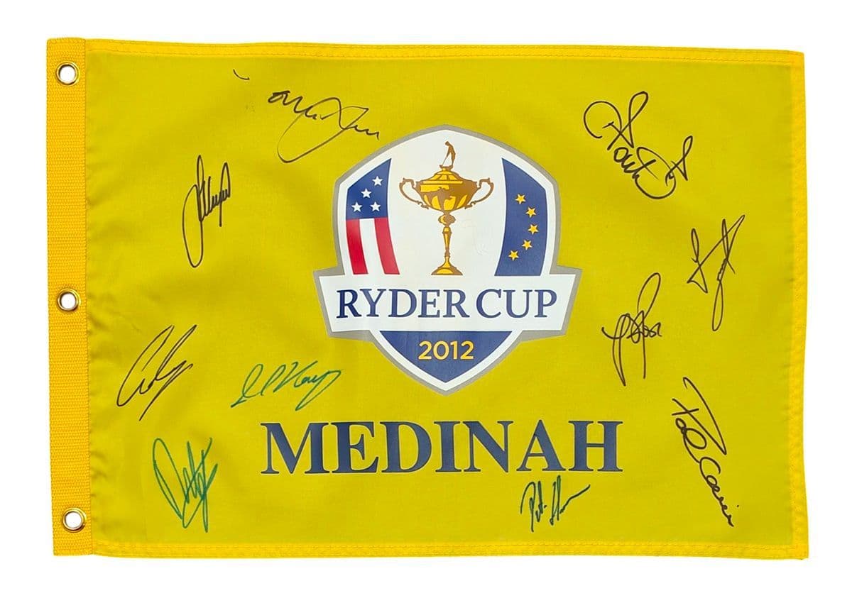 Ryder Cup 2012 Medinah pin flag signed by 10 of the winning European team.